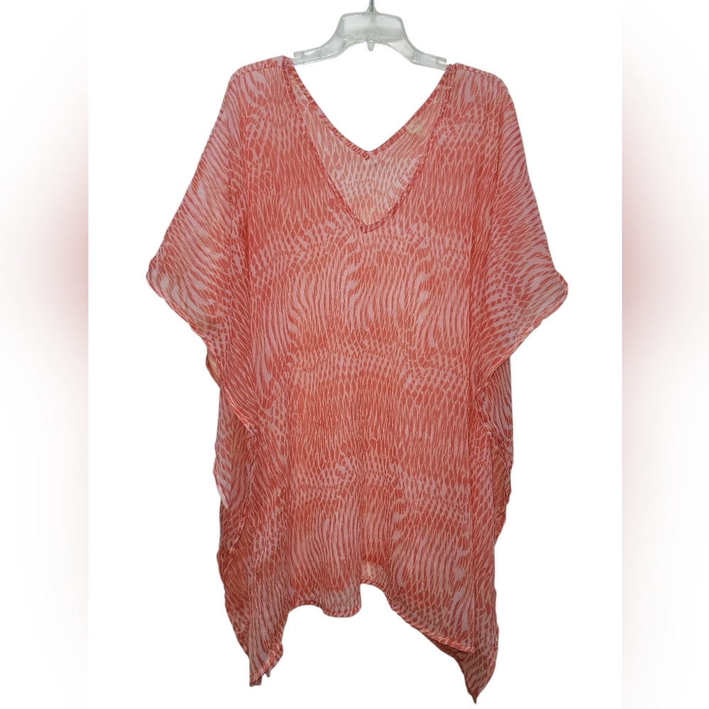 XL ECHO Coral and White Sheer Animal Print Kaftan Cover-Up Kimono